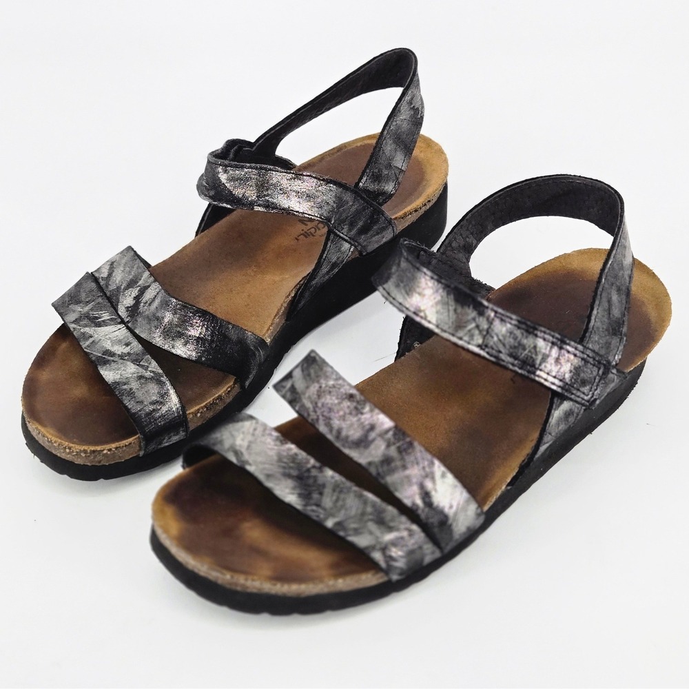 Naot Kayla Metallic Onyx Strappy Wedge Orthopedic Comfort Sandal Shoes 40 9 GUC